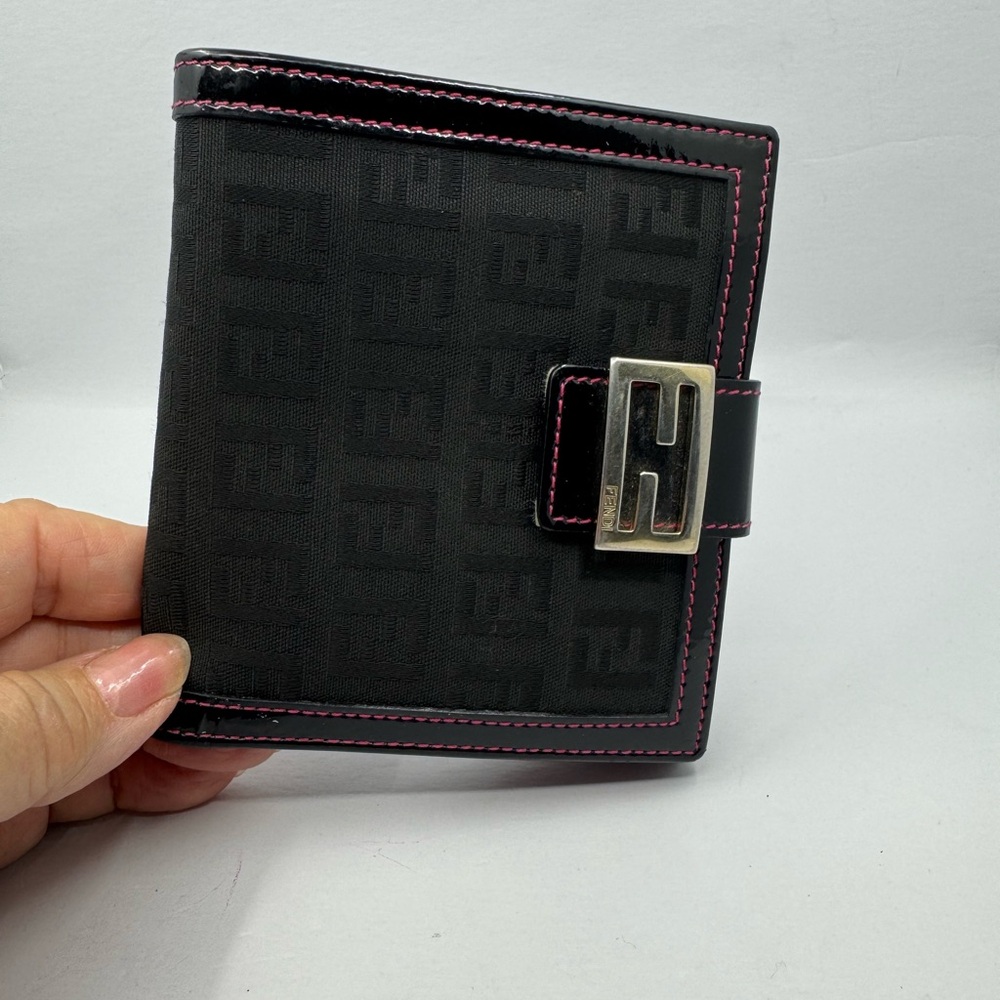Fendi Bifold Black Wallet with Pink Stitching and Silver Buckle 22568